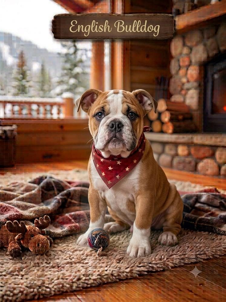 8800539300 English Bulldog Cute Puppy –The Gentle, Loyal, and Lovable Companion, Often loving with children when properly socialized.